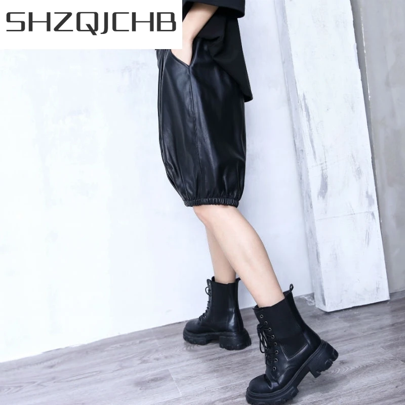 JCHB 2021 Women Loose Genuine Leather Knee Length Shorts Autumn Winter New Sheepskin Bloomers Harem Shorts Street Casual Black S