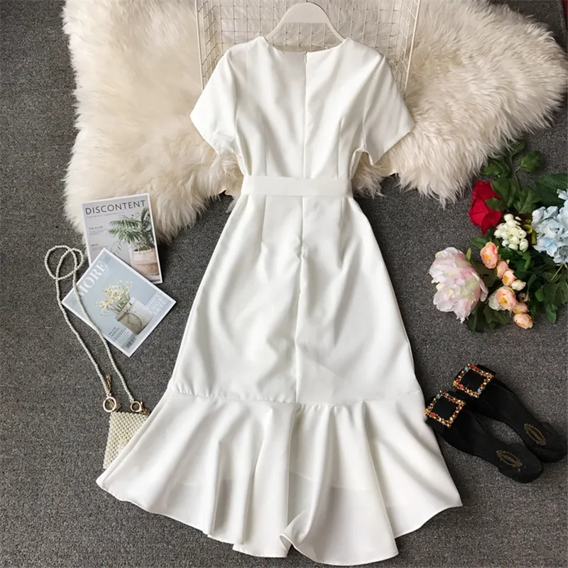 Женское платье с V-образным вырезом коротким рукавом и высокой талией | Женская