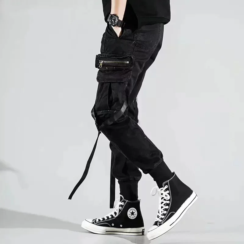 

Men Side Pockets Harem Pants Nice Autumn Hip Hop Casual Ribbons Design Male Joggers Trousers Fashion Streetwear Pant Black