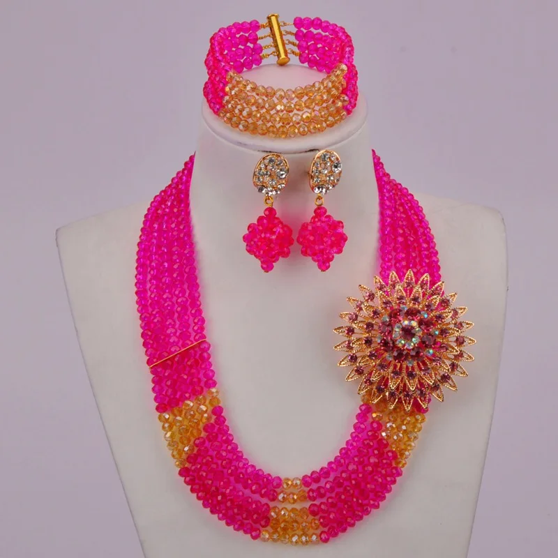 

graceful fuchsia pink and champagne gold ab african beads jewelry set crystal necklace nigerian wedding set