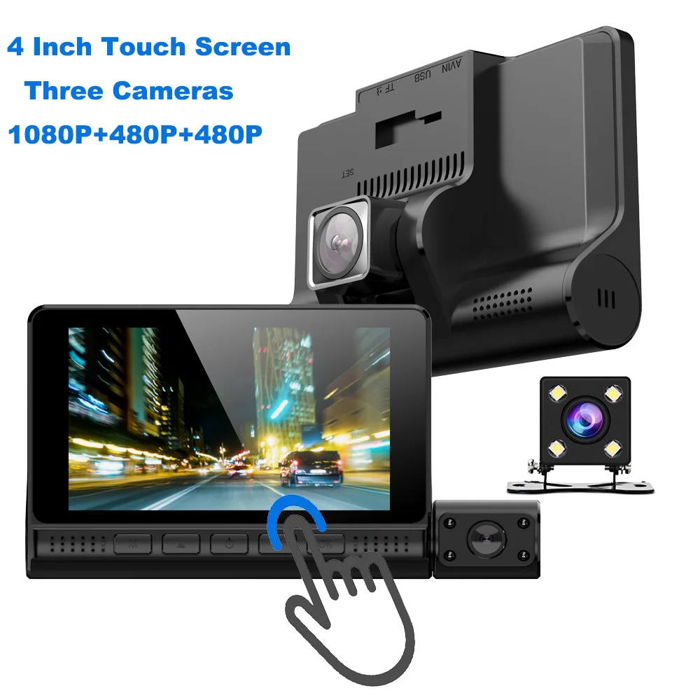 XYZCAM Three Cameras Lens 4.0 Inch Touch Screen Car Dvr Video Recorder FHD 1080P Auto Dash Camera Support Rear View Camera