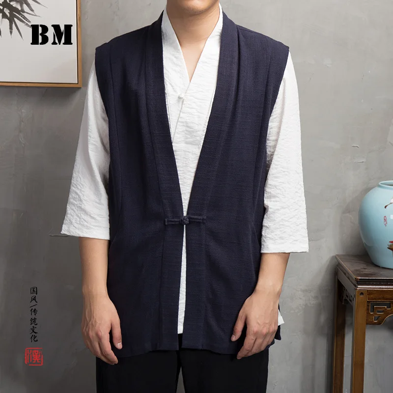 

Chinese Style Clothes Cotton Linens Sleeveless Vest 2021 Plus Size Wu Dang Casual Hanfu Tank Tops Harajuku Coat Male Men