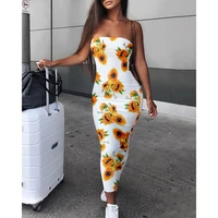 spring and summer new off the shoulder sexy ladies dress fashion womens sunflower print long tight dress casual wild sleeveless