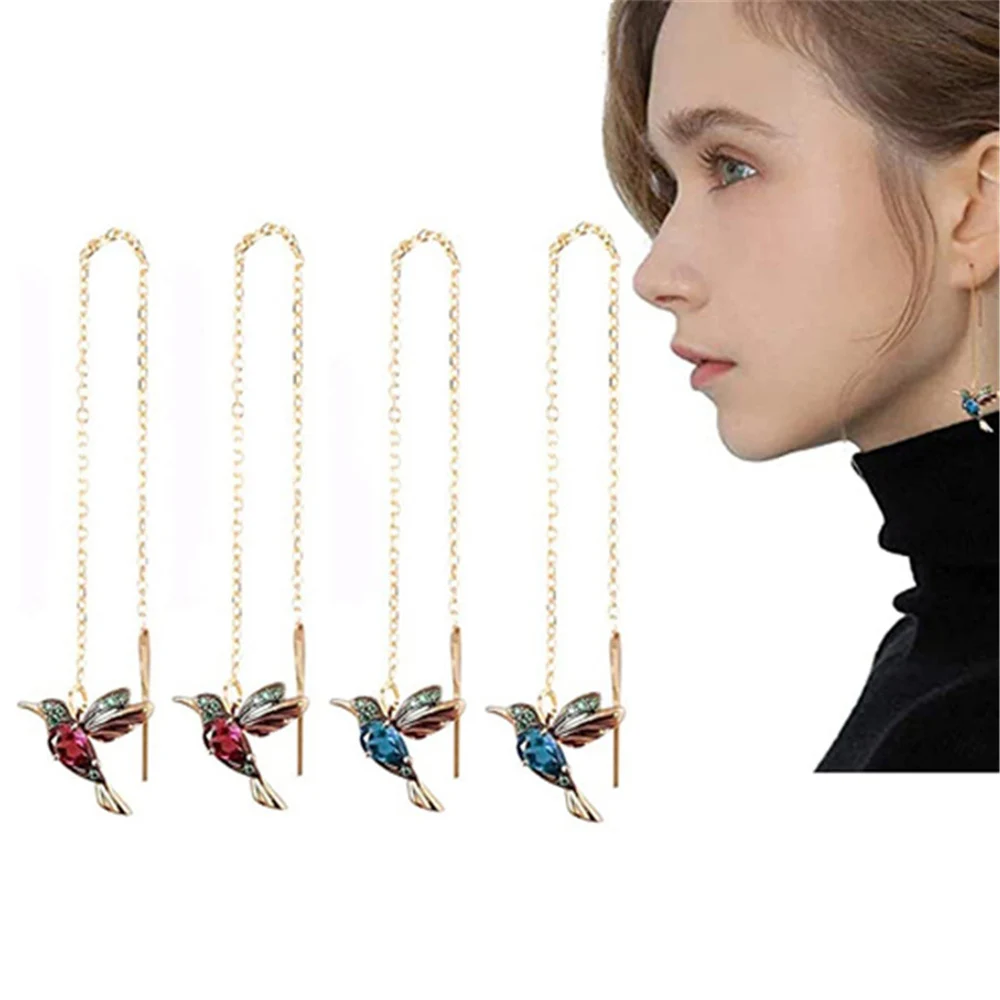 

Fashion Hummingbird Long Drop Tassel Earrings for Women Threader Crystal Charm Pendant Earrings Dangle Jewelry Gift