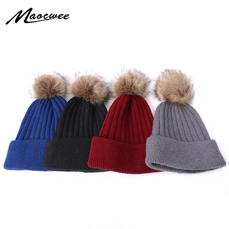 

Women Beanies Faux Fur Pom Poms Wool Hat Winter Outdoor Thick Warm Knitted Skullies Beanies Fashion Ladies Crochet Slouch Caps