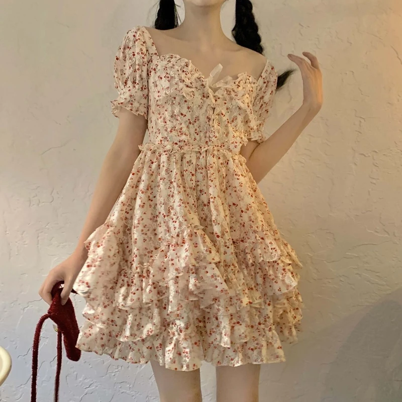 

Mini Sleeveless Floral Dress Women Korean Puff Sleeve Dress Female Casual Short Sleeve Beach Party Women Dresses Summer 2021 New