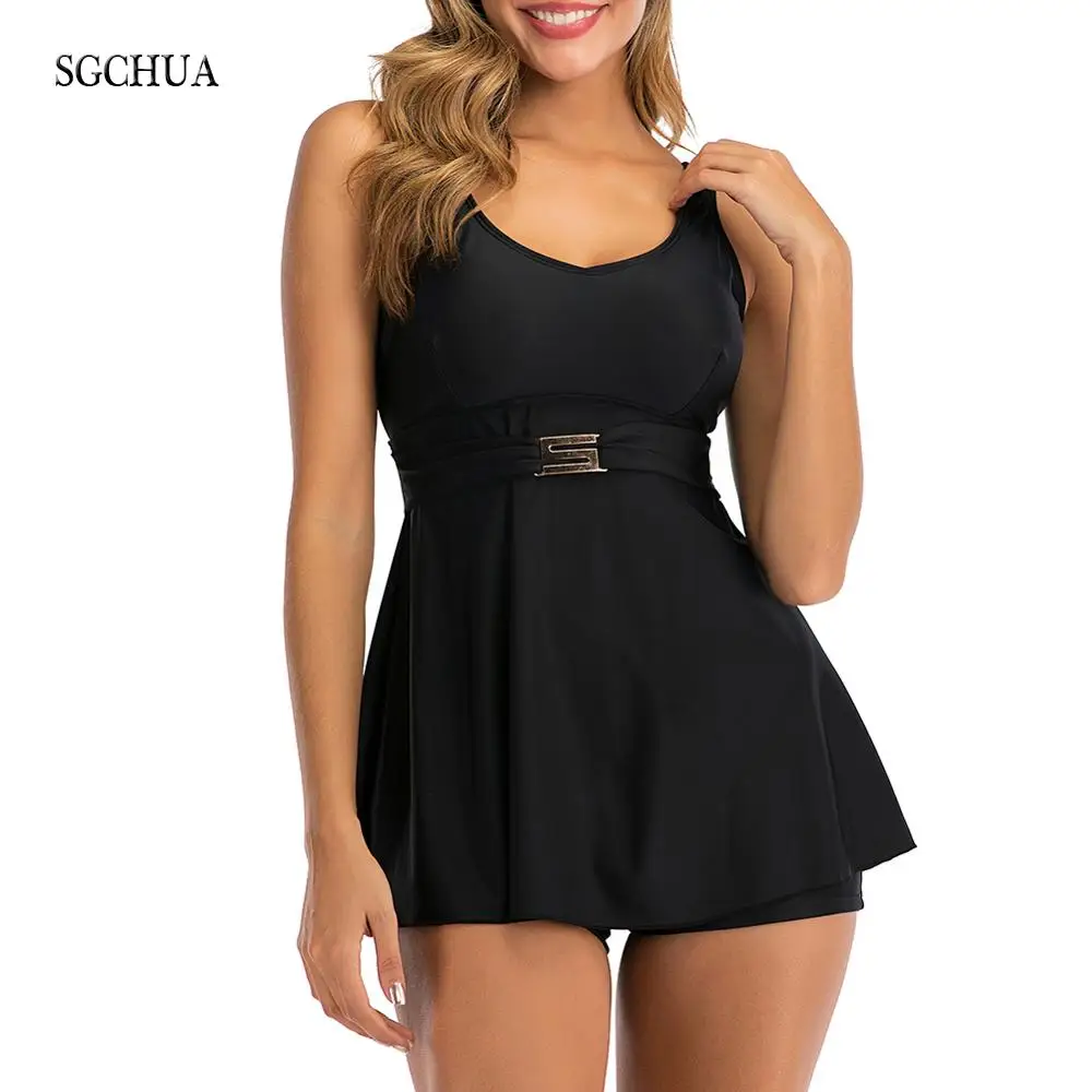SGCHUA 2020 New Solid Black 5XL Tankini with Golden S Belt Plus Size XXXL Two Piece Swimsuit Women Beach Boxer Swimwear for Fat