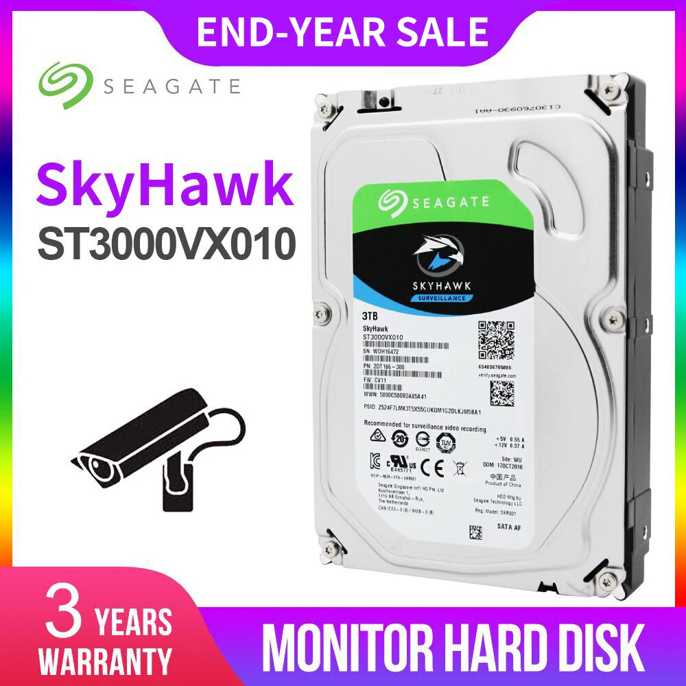 

Seagate Internal HDD Skyhawk 3TB Video Surveillance 5900RPM Hard Disk Drive 3.5" SATA 6Gb/s 64MB Security Monitoring ST3000VX010