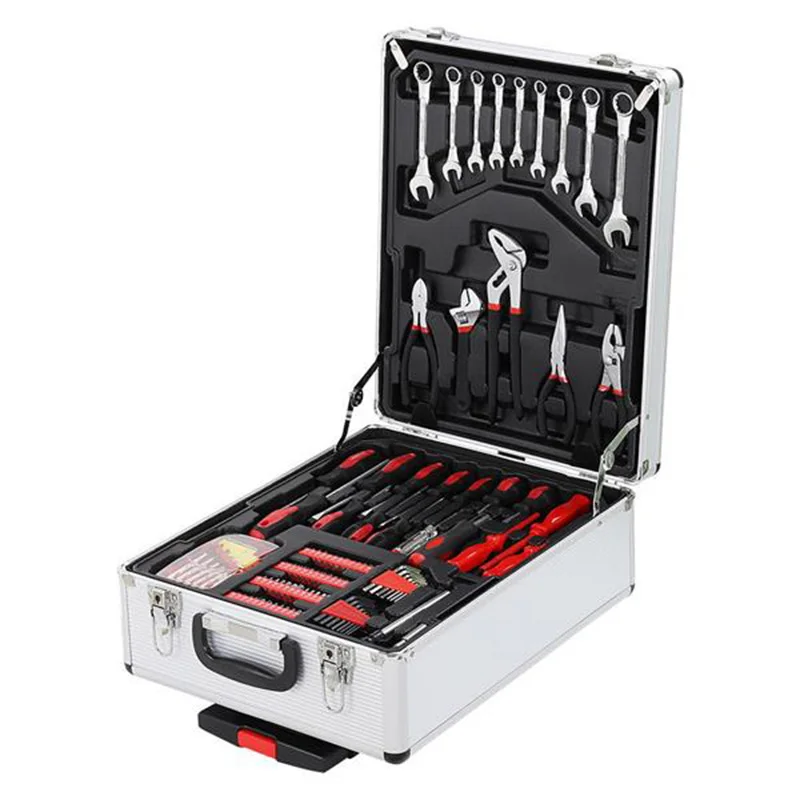 

799pcs Aluminum Trolley Case Tool Set Silver Adjustable Wrench Pliers Socket Inserts Magnetic Screwdrivers Pressure Gauge