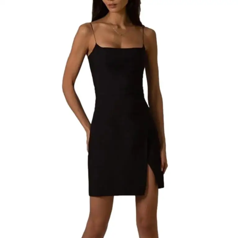 

Women Summer Sleeveless Dress Adults Sexy Slim-fit Solid Color Boat Neck Spaghetti Strap Slit
