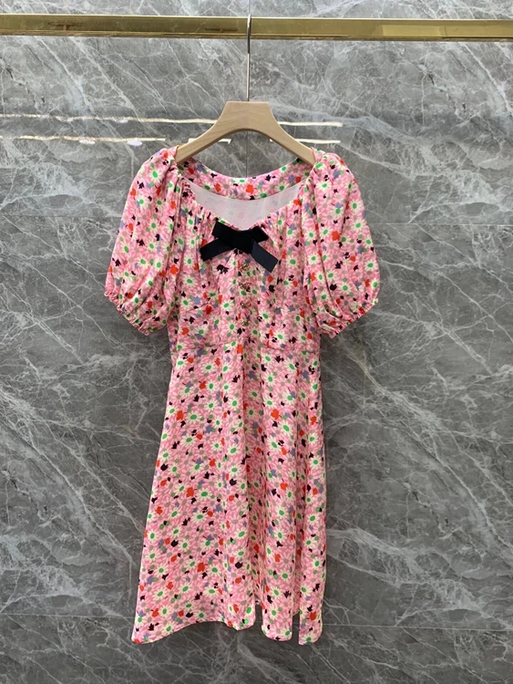 

2021 new women fashion chest bowknot color matching stitching decorative printed puff sleeve dress 426