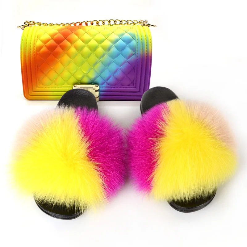 

GW Fluffy fox fur slipper slide matte jelly bag cover women's fur sandals fluffy slippers colorful tote bags