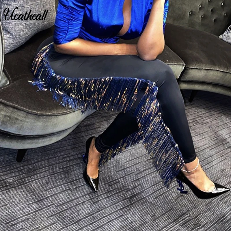 Кисточки отделка брюки женские боковые серебряные для женщин с эластичной