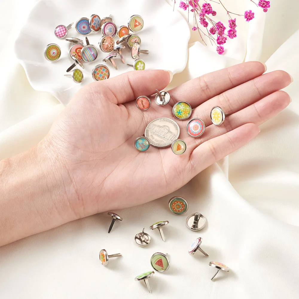 

pandahall 140pcs 11mm 12mm Round Metal Paper Fasteners Colorful Patterned Iron Mini Brads for DIY Paper Crafts Scrapbooking