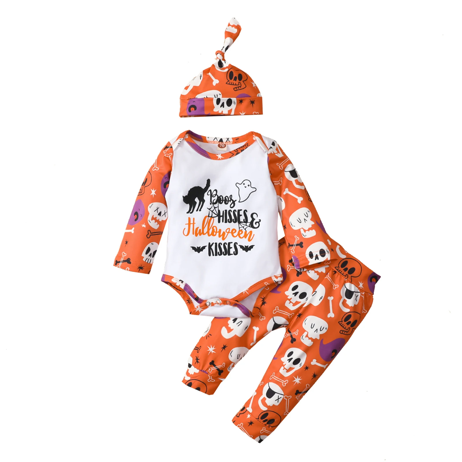 Toddler Infant Baby Clothes Long Sleeve Romper + Trousers, Halloween Theme Skull Cartoon Print Elastic Waist Spring Clothing