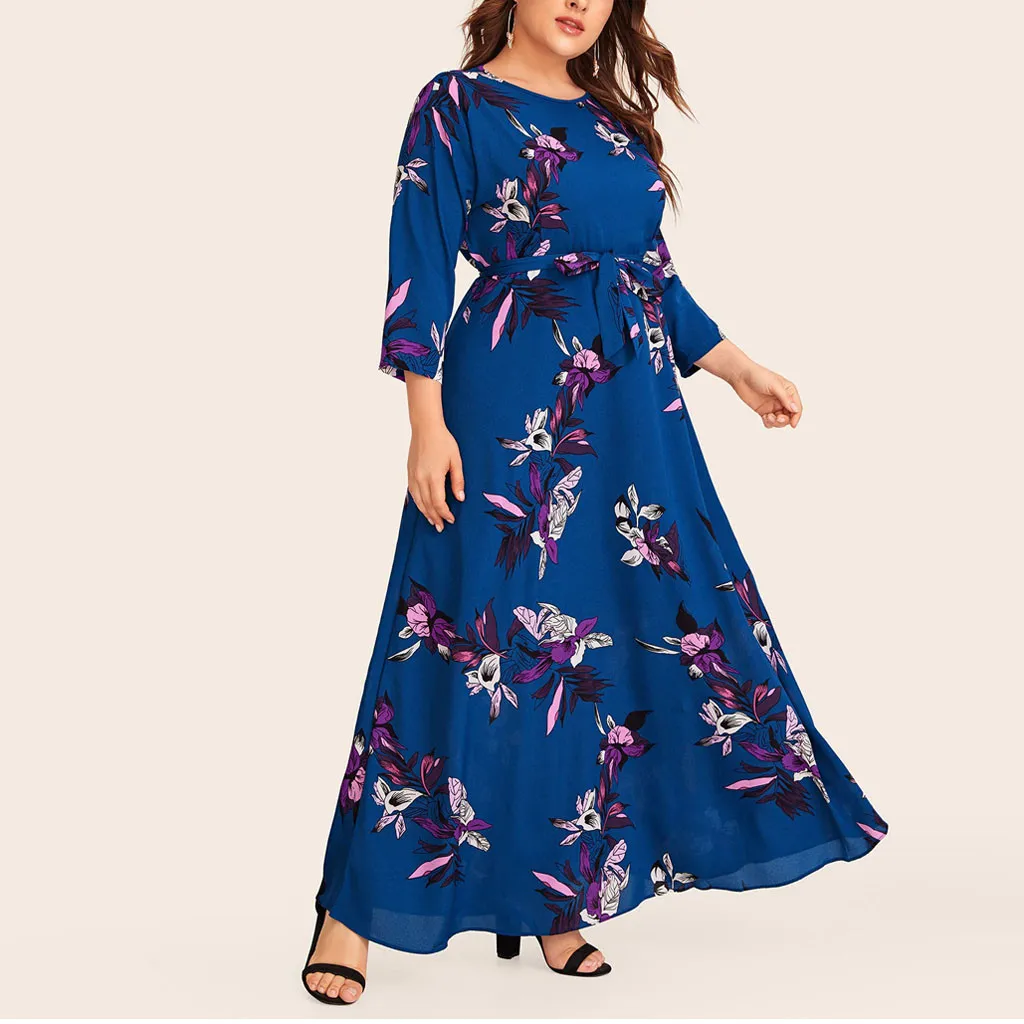 MISSOMO Plus Size 5XL dress Women maxi dress Casual Floral Print O-Neck Long Sleeve Bandage long Dress with belt vestidos 813