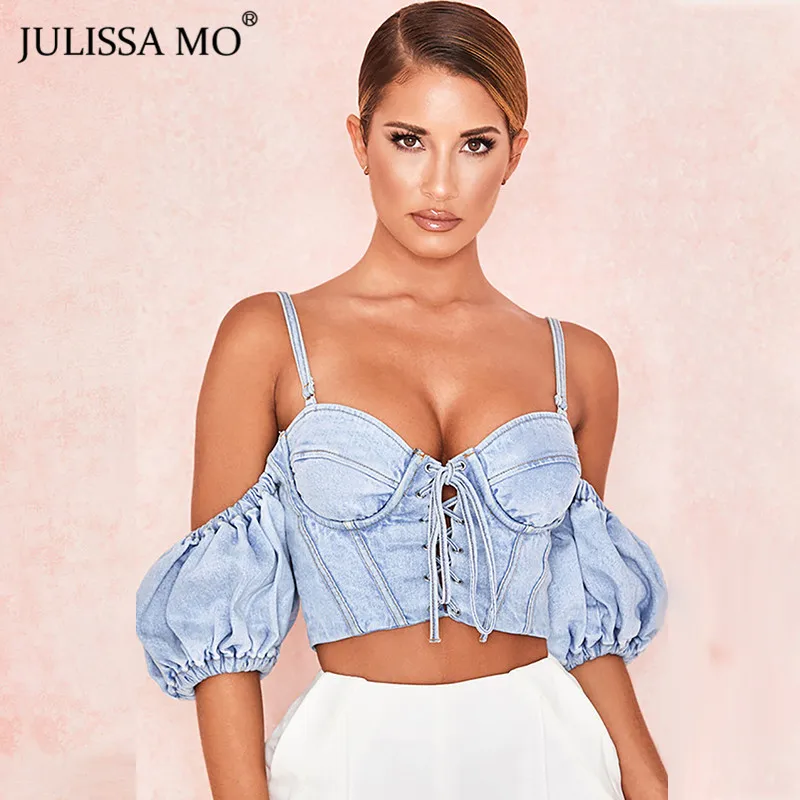 JULISSA MO джинсовый сексуальный бандажный укороченный топ женские модные синие джинсы с пышными рукавами Свободная безрукавка ковбойская майка уличная Бюстье Топы
