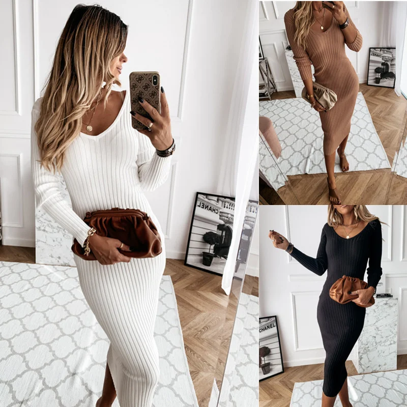 

2021fall / Winter V-neck Solid Long Sleeve Pit Stripe Dress