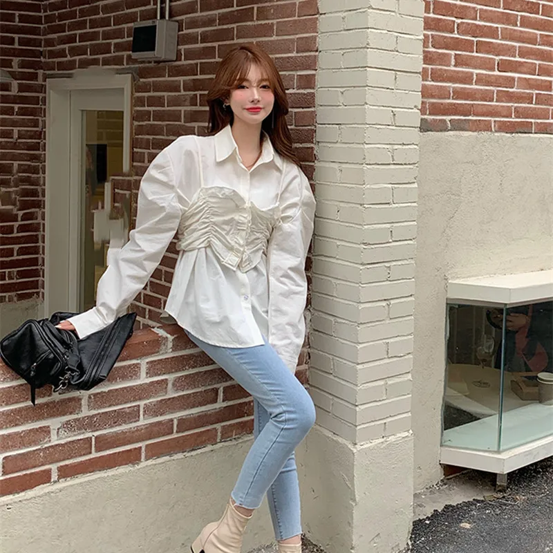 

KUSAHIKI Elegant Women Shirts Korean Pleated Patchwork Blusas Mujer De Moda 2021 Verano Causal Long Sleeve Blouse Tops 6F889