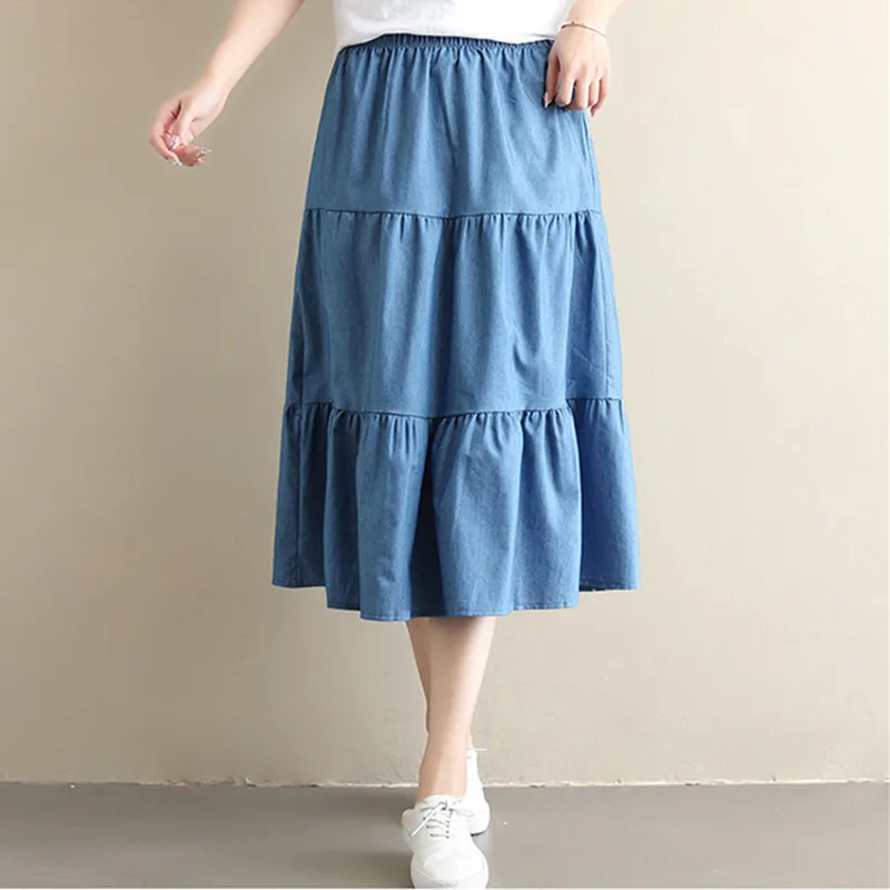 

Женская джинсовая юбка, повседневная Однотонная синяя юбка до середины икры с поясом на резинке, модель S468 в Корейском стиле на весну и лето,...