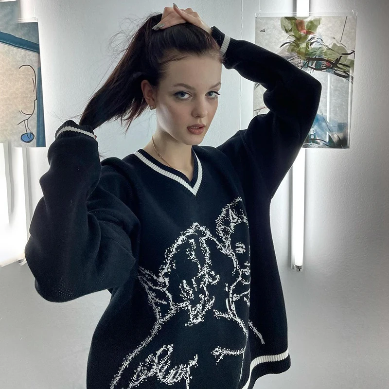 Rapcopter Angel Sweaters Loose Grunge Knitwear V Neck Long Sleeve Knitted Jumpers Cute Casual Pullovers Women Autumn Winter Tops |