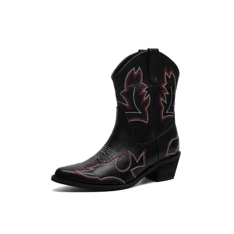 MNIXUAN Women Cowboy Boots women shoes genuine leather western punk shoes Pointed Toe High Heel Ankle Boots Black Booties - Цвет: Red