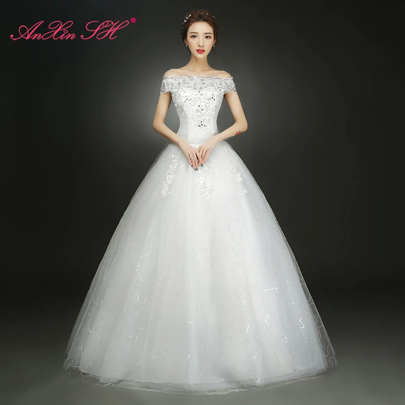 AnXin SH белое цветочное кружево с бисером роскошное платье принцессы вырезом
