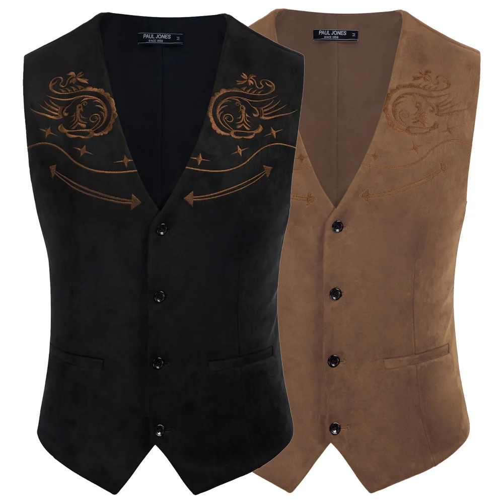 

PJ Men Western Imitated Suede Vest Sleeveless V-Neck Handkerchief Hem Waistcoat Western Totem Embroidered Suede Vest