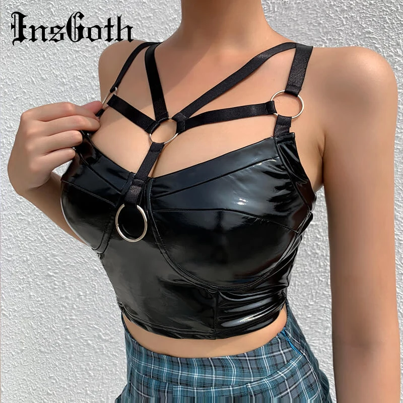 Майка InsGoth женская из искусственной кожи пикантный Топ Готическая уличная одежда