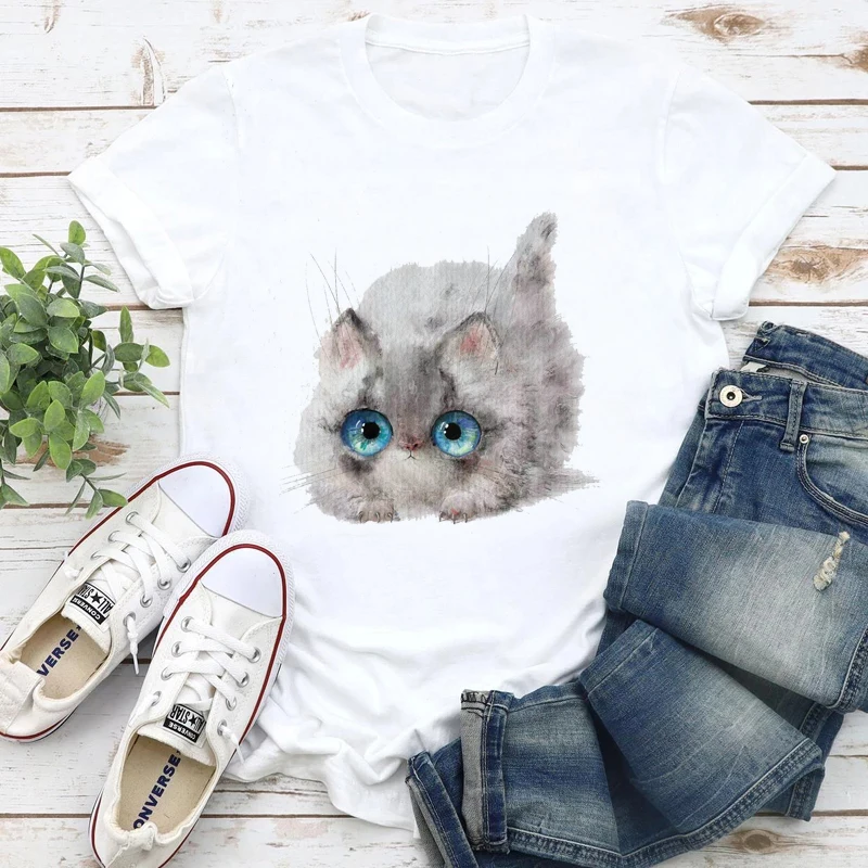 

2021 Summer Fashion Casual T-shirt Poor Cat Print T-shirt Short Sleeve T-shirt Women's Fashion Top Harajuku T-shirt