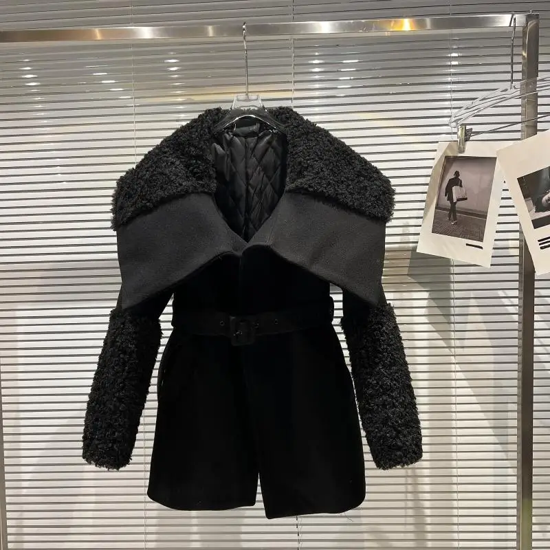 

HIGH STREET 2022 Fall Winter Designer Coat Women's Warm Solid Black Lamb Wool Blends Splicing Large Lapel Belted OverCoat