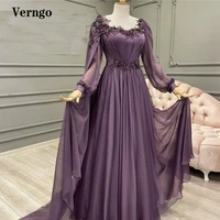 verngo elegant dark purple silk chiffon prom dresses long sleeves 3d flowers beads saudi arabic women formal evening gowns