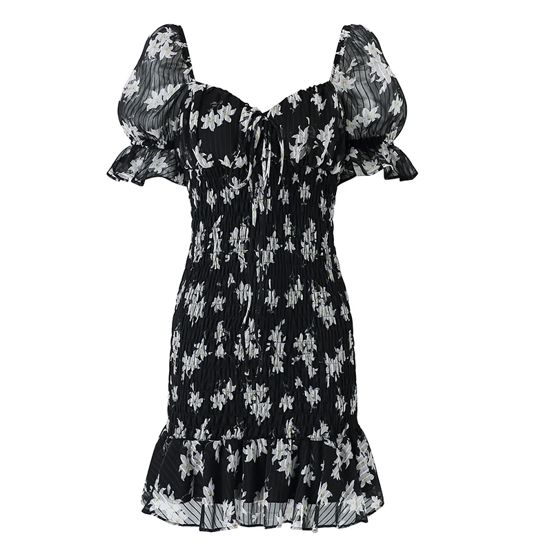 

Bodycon Dress Women Summer 2021 New Fashion Vintage Mini Floral Ruched Dress Korean Sexy Party Puff Sleeve Ruffle Dresses Robe