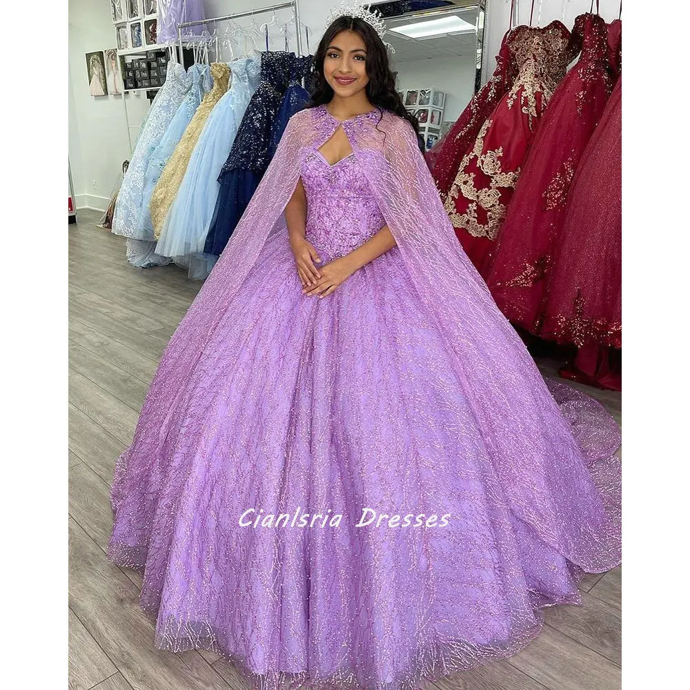 

Purple Sparkly Crystal Sweetheart Ball Gown Quinceanera Dresses With Cape Beading Sweet 16 vestidos de quinceañera 15 ñera