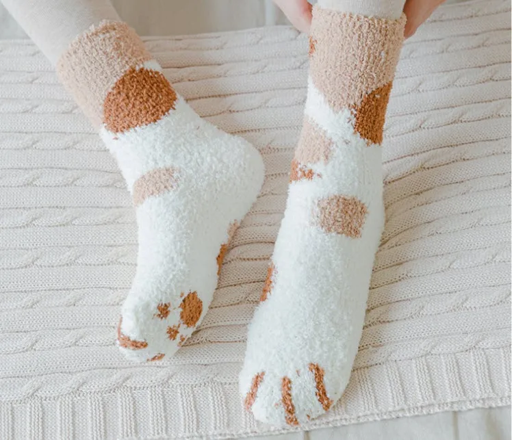Носки бархатные Мультяшные Коралловые носки с кошачьими лапами утепленные для