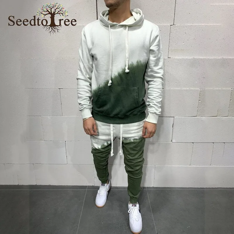 Spring and Autumn Men's Sets Men's Contrast Color 3D Gradient Casual Suit Sweater Hooded Suit Men