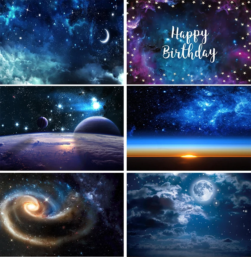 

Baby Birthday Party Vast Universe Starry Planet Photography Backdrop Moon Cloud Shiny Star Photo Booth Background Space Banner
