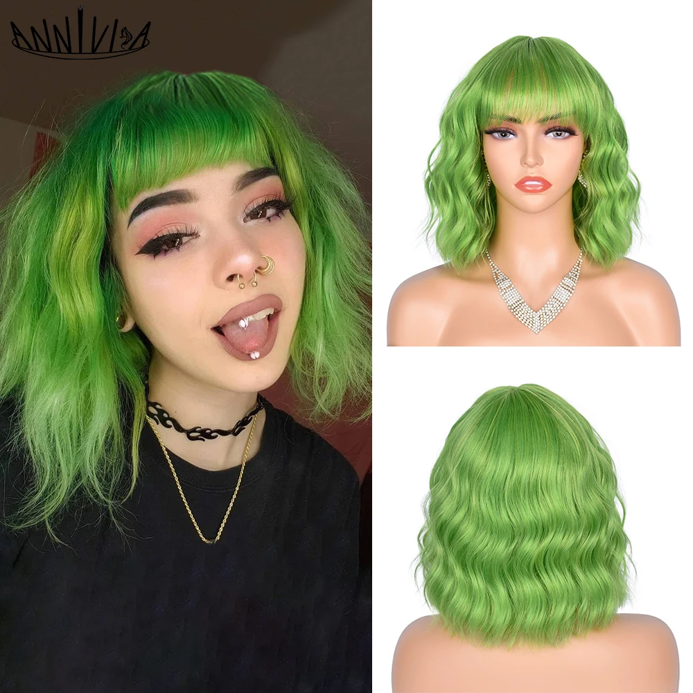 

Short Wavy Wig With Bangs African Synthetic Cosplay Lolita Ombre Natural Glueless Pink Brown Green Red Wigs For Women Bob Wigs