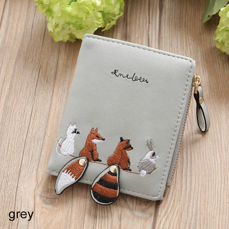 grey Женский кошелек из искусственной кожи, кошелек на молнии, держатель для карт, маленький кошелек для монет для девочек, подарок, Мультяшные животные, 1 шт., Короткие - Color: grey