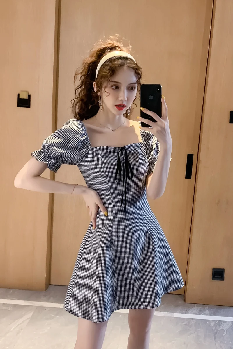 

COIGARSAM Fashion Women one-piece dress korean Summer Dresses Grid 2585
