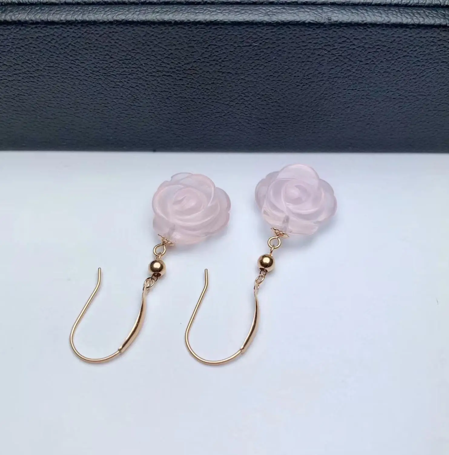 

SHILOVEM 18k yellow gold natural ROSE QUARTZ Drop Earrings classic wholesale Fine women gift party new 12mm myme1212999fj