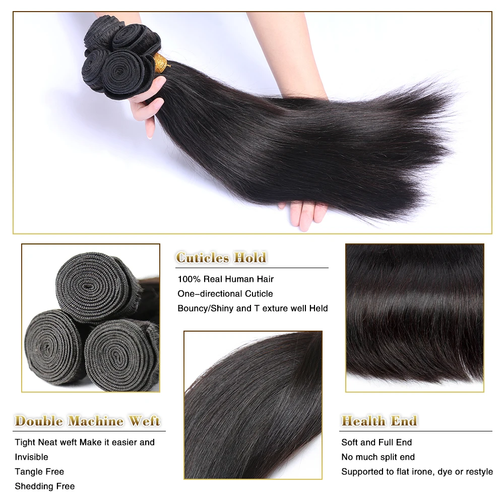 Straight Human Hair Bundles With Closure Brazilian 3 150% Density 4x4 Lace Wig Natural Black |