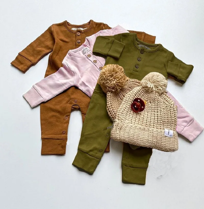

Baby's Romper Round Neck with Buttons Long Sleeve Long Pants for Autumn Spring