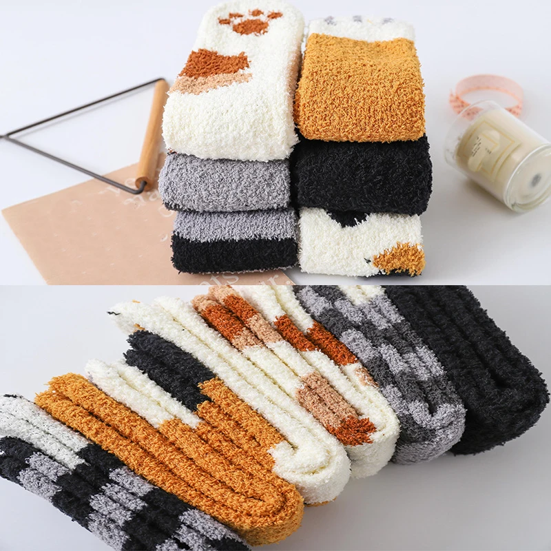 Зимние теплые носки в виде кошачьих лап для женщин сна девочек милые толстые с