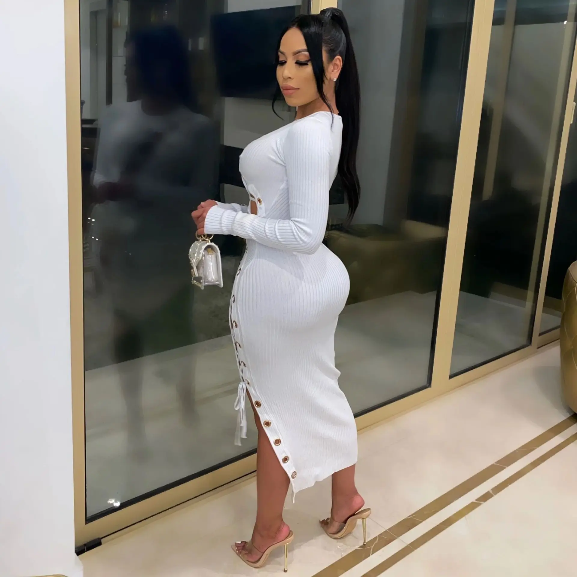 

Women Autumn Sexy Party Night Dress Solid Hollow Up Bodycon Slim Fit Vestidos Female Evening Knitted Vestidos 2020 Mujer Ropa