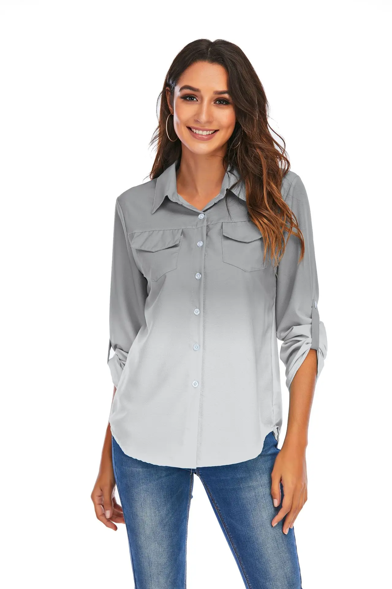 

Fashion Women's Blouse Summer Casual Lapel Single-breasted Gradient Color Pullable Sleeve Long Sleeve Chiffon Blouse Donsignet