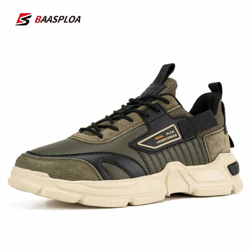 

Baasploa New Arrival Men Leather Sports Shoes Breathable Casual Sneaker Non-Slip Lace Up Shoe Waterproof For Running Walking