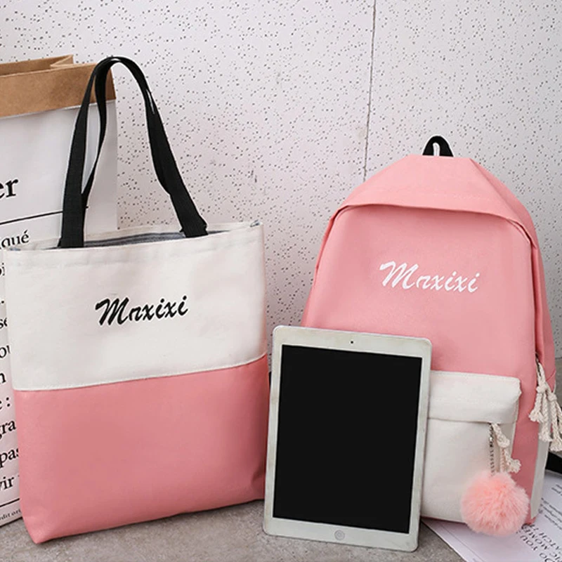 4Pcs/Set Canvas Backpack School Bags for Gilrs Teenagers 2019 Patchwork Rucksack Travel Shoulder Bags+Letter Purse+Pencil Case | Багаж и