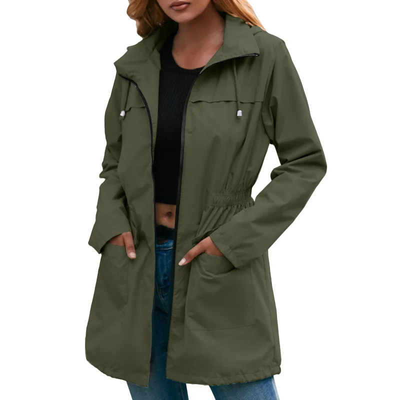 

Outdoor Mountaineering Waterproof Clothing Hooded Casual Raincoat Women Camping Climbing Mid-length Waist Windbreaker Jacket