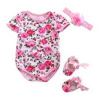 summer newborn baby girl clothes floral leopard romper short sleeve jumpsuitshoehairband 3pcs outfits set